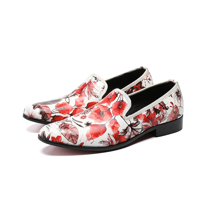 

British Style Fashion Flowers Printing Men Loafers Fashion Party Prom Men Dress Shoes Slip on Smoking Slippers