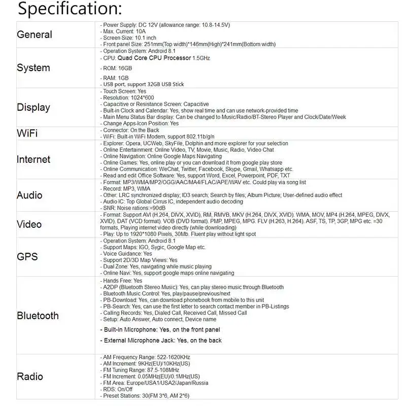 10,1 дюймовый Android 8,1 четырехъядерный 1+ 16G Автомобильный мультимедийный плеер, автомобильный стерео 2DIN bluetooth, wifi, gps, Nav радио, видео, MP5 плеер