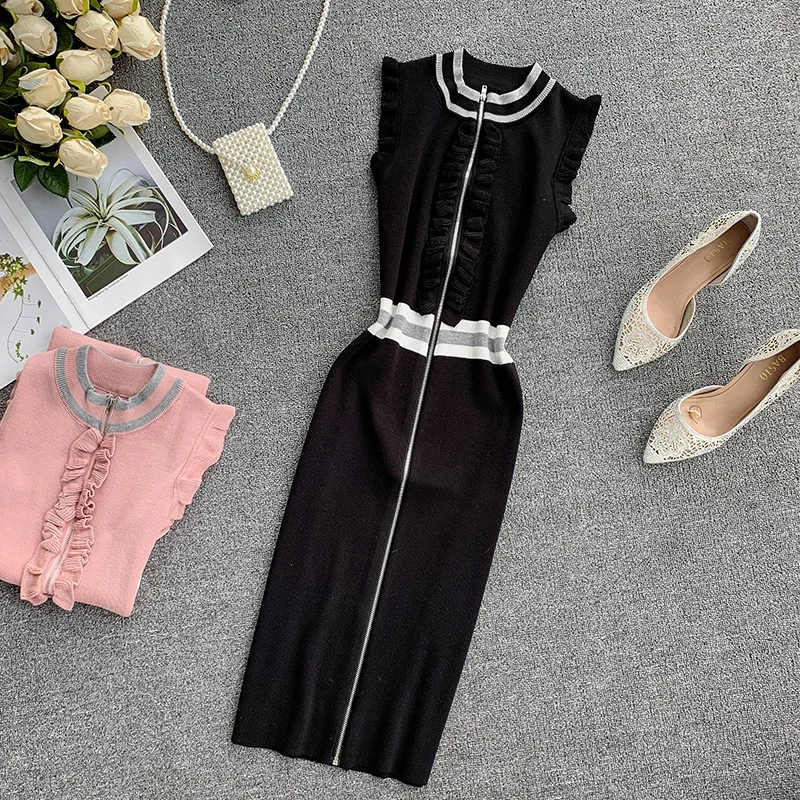 ALPHALMODA 2019 Ретро вязаное платье с плиссированной отделкой на молнии без рукавов