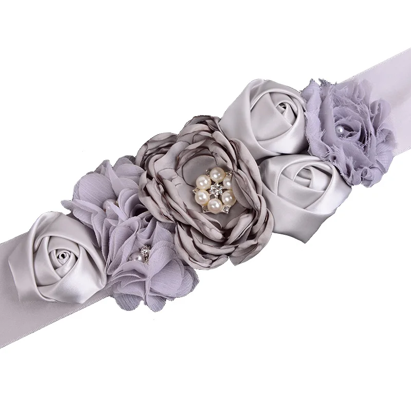 Серый цветок пояс атласные ленты горный хрусталь повязка и пояс с цветочками Дети Свадьба Цветок Девушка пояс подружки невесты пояс для беременных аксессуар