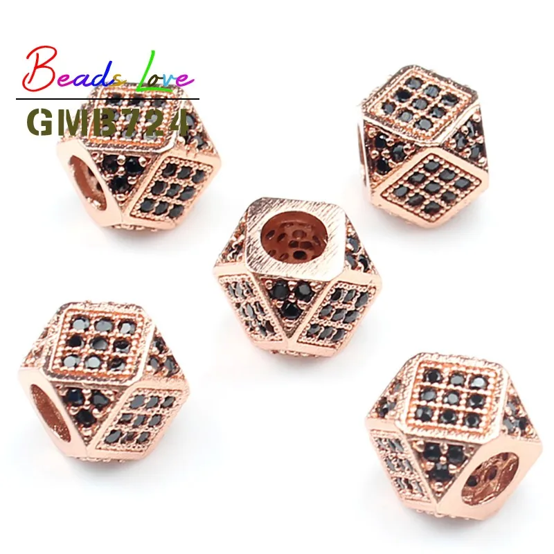Rose Gold-Black CZ 3 шт./лот 7x7 мм Геометрическая металлическая медная микро-паве CZ бусины для браслета Подвески для изготовления украшений разделитель со стразами бусины DIY аксессуары - Цвет: Rose Gold-Black CZ