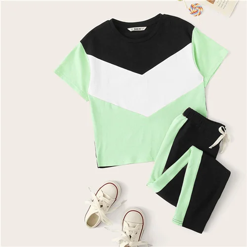 SHEIN/Детская футболка с цветными блоками для девочек и штаны с завязками на талии; комплект для детей; коллекция года; летняя одежда для активного отдыха; костюм с короткими рукавами; комплекты - Цвет: Multicolor