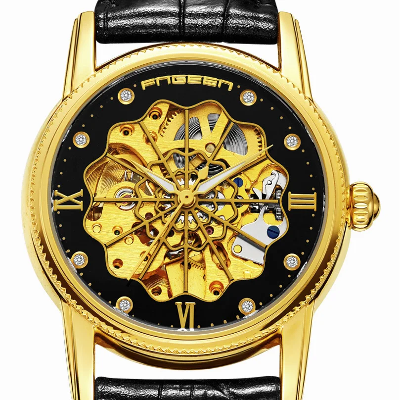 FNGEEN модные дизайнерские часы Tourbillon Мужские роскошные кожаные автоматические