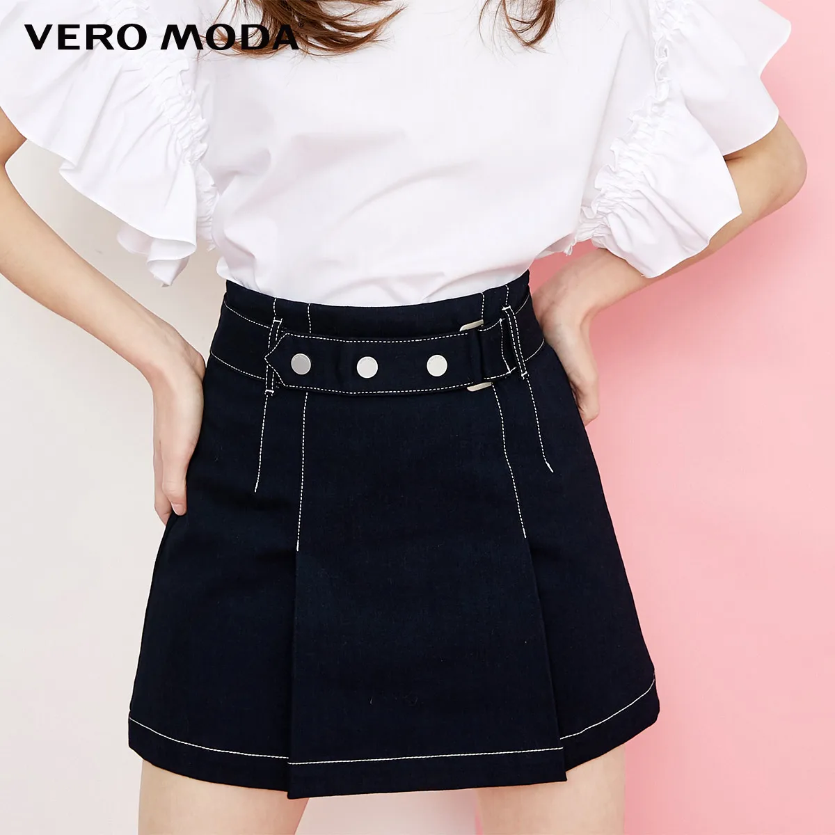 Vero Moda Новая женская OL Стиль видимые стежки A-lined мини джинсовая юбка | 318337510 - Цвет: Indigo blue denim