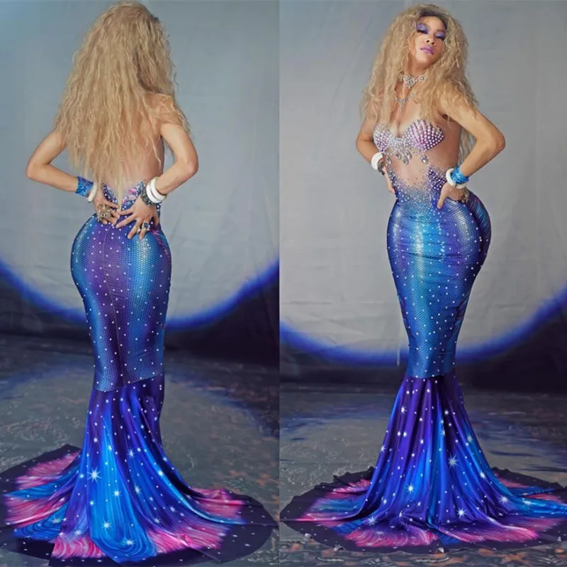 Sexy Pearls Rhinestones Mermaid Long Dress Party Banquet Women Trumpet Trailing Singer Cosplay Stage Costumes | Женская одежда