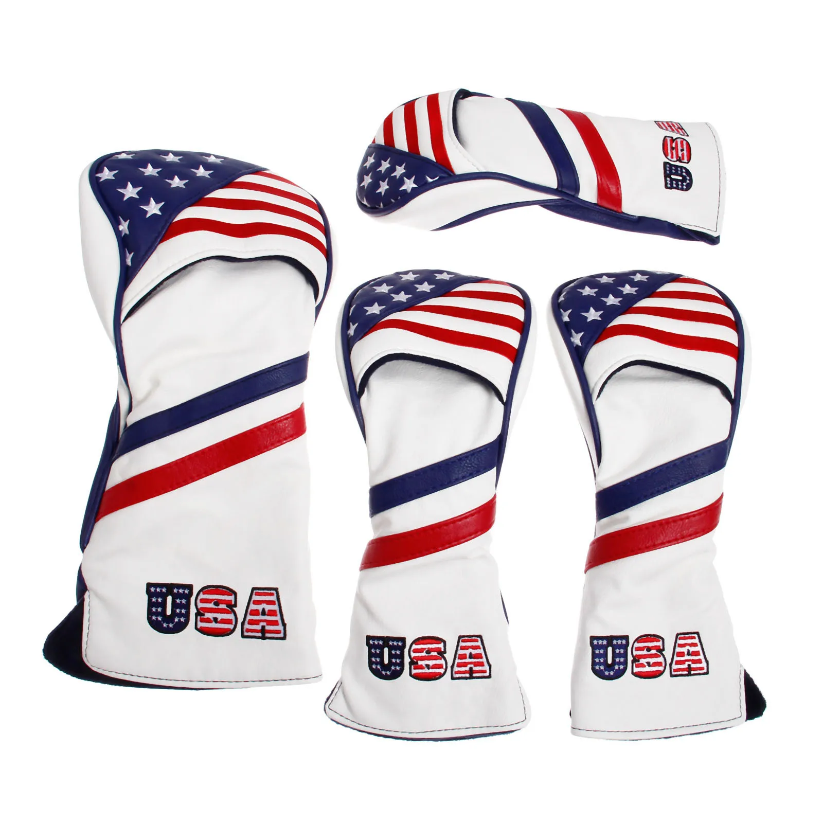 4 Pcs PU Golf Wood Headcover With USA Stars & Stripes Flag Style For 1 Driver Cover & 2 Fairway & 1 Hybrid Club Head Covers Set