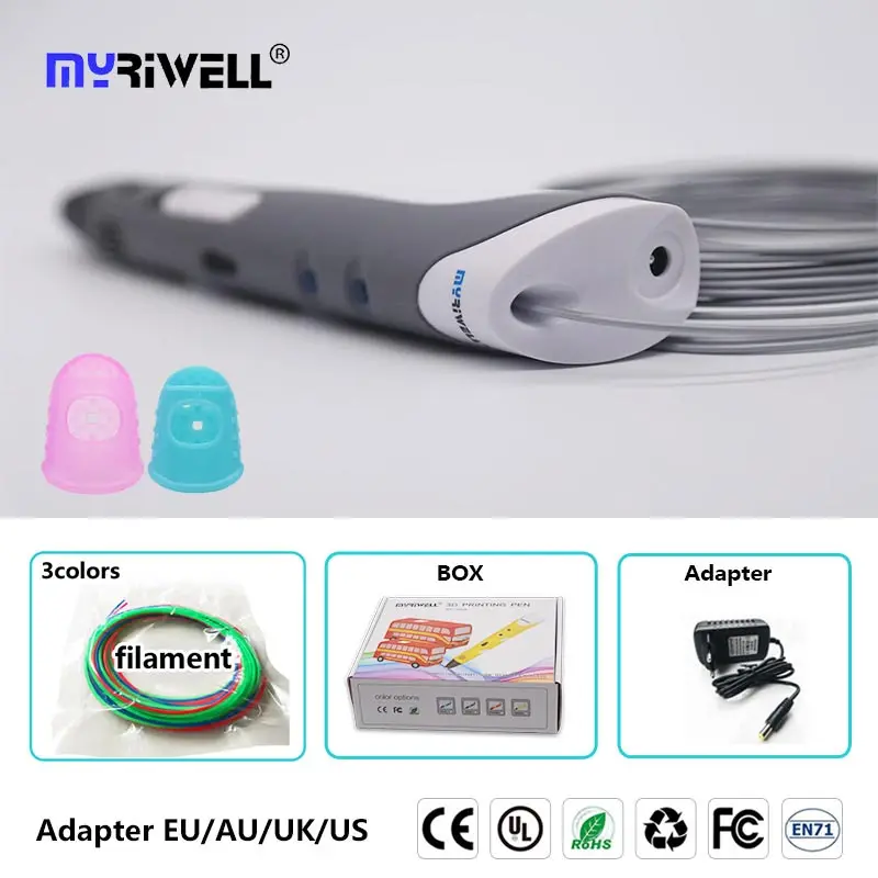 Myriwell v13D ручка для 3D-принтера с 100 м PLA 100 м ABS безопасный пластик 1,75 мм Свободный палец рукав самый крутой Рождественский подарок - Цвет: only gray pen