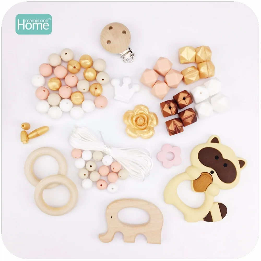 

MamimamiHome Baby Toys Silicone Teether Raccoon Wooden Elephant Set DIY Teething Accessories Nursing Pendant Rattle