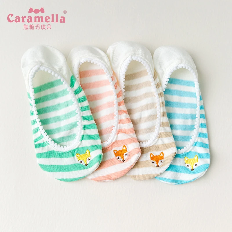 Женские короткие носки Caramella хлопковые невидимые в полоску с вышивкой лисы 4
