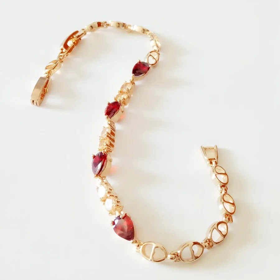 Женский браслет из розового золота 585 пробы с красными камнями|women bracelet|link braceletwomen