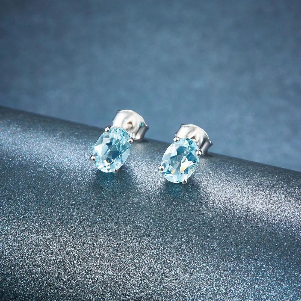 HUTANG женские серьги-гвоздики 1.34ct Натуральный аквамарин твердый 925 пробы Серебряный Синий Драгоценный Камень Изящные элегантные ювелирные изделия для подарка