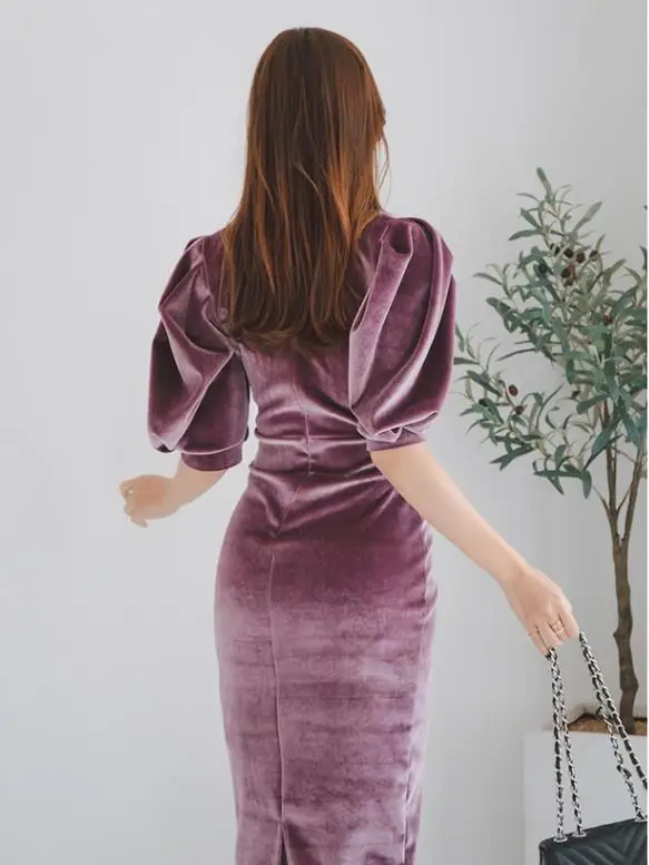 2022 New High Quality Fashion Korean Spring Midi Dress Women Office Bodycon Plus Size Velvet Vestidos Ladies Sexy Party | Женская одежда
