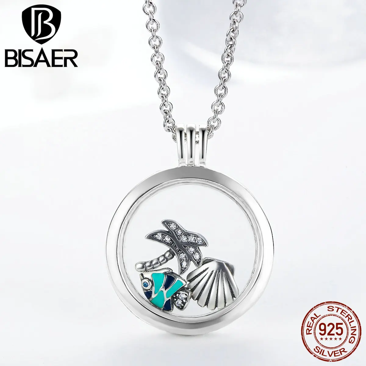 BISAER 925 пробы Серебряное пальмовое дерево Морская раковина красочные рыбы тропический рай Petites, смешанные эмалированные амулеты подходят талисманы браслет