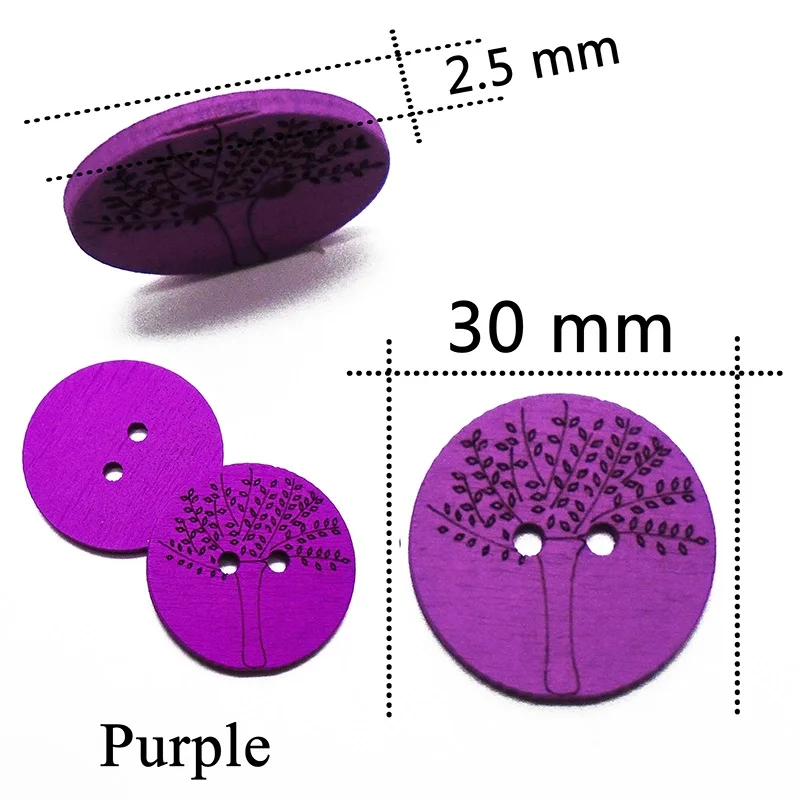 Purple ZIEENE 5 шт. 10 шт. 25 шт. 50 шт. Смешанные 7 цветов окрашенные лазерные деревья мудрости деревянные пуговицы 30 мм шитье скрапбукинг для детей ручной работы - Цвет: Purple