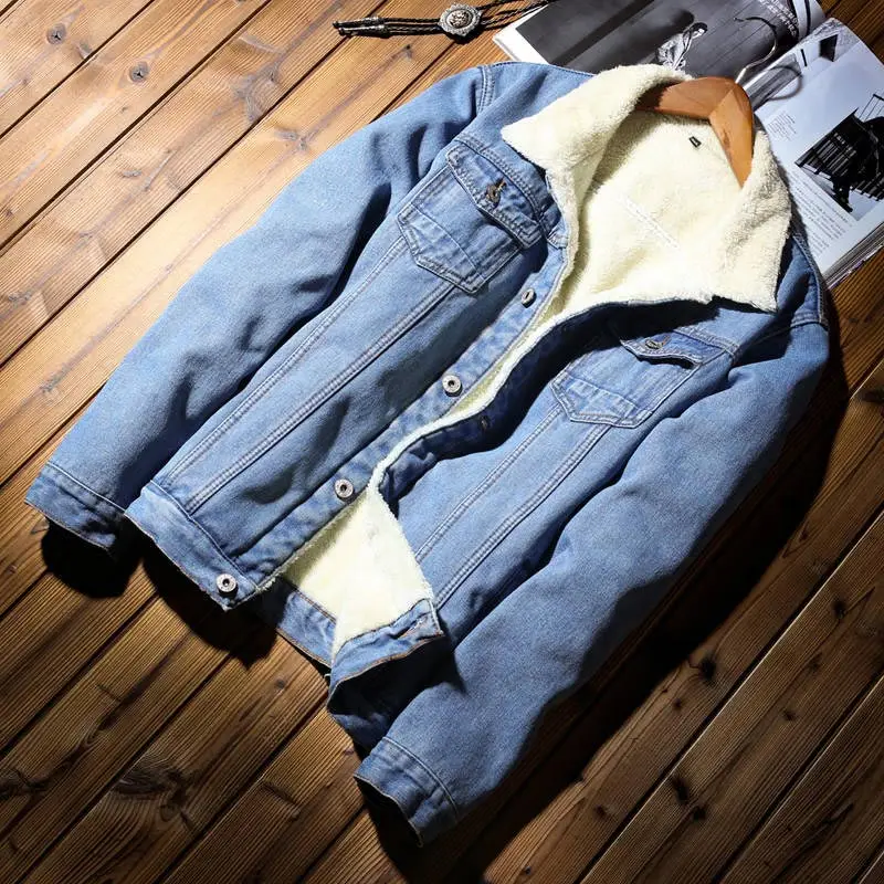 Lightblue Idopy Мужская Повседневная джинсовая куртка с меховой подкладкой, плотное теплое пальто, флисовая джинсовая куртка, верхняя одежда для мужчин - Цвет: Lightblue