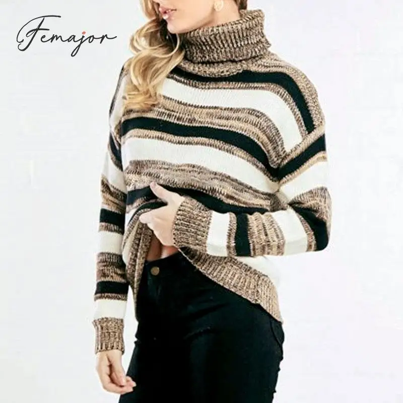 Femajor Women Autumn Winter Turtle Neck Sweater Female 2019 Fashion Stripe Knitted Tops Mujer Loose Long Sleeves Pullover Jumper | Женская