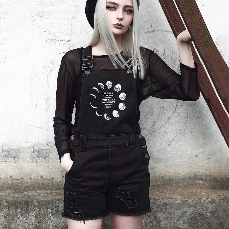 JIEZuoFang Summer Gothic Hip Hop Black Punk Sexy Romper Women Clothes Casual Slim Thin Letter Button Print Female Short Jeans | Женская