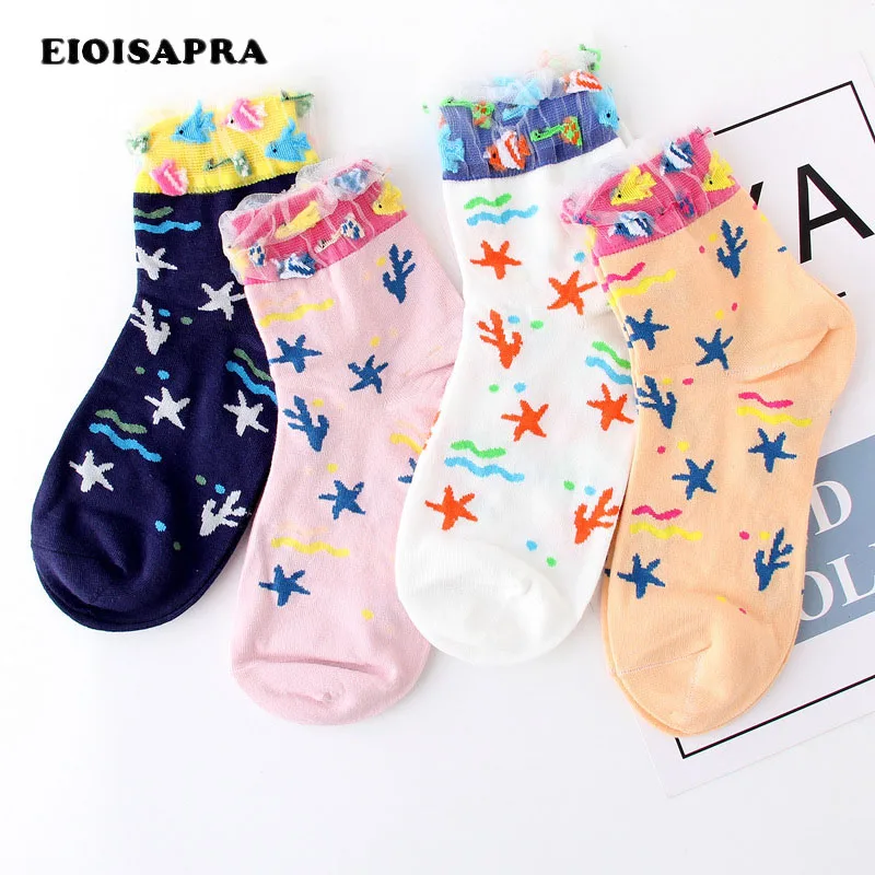 [EIOISAPRA]/4 пары носков с рисунком из мультфильма пляж у моря жаккардовые кружевные