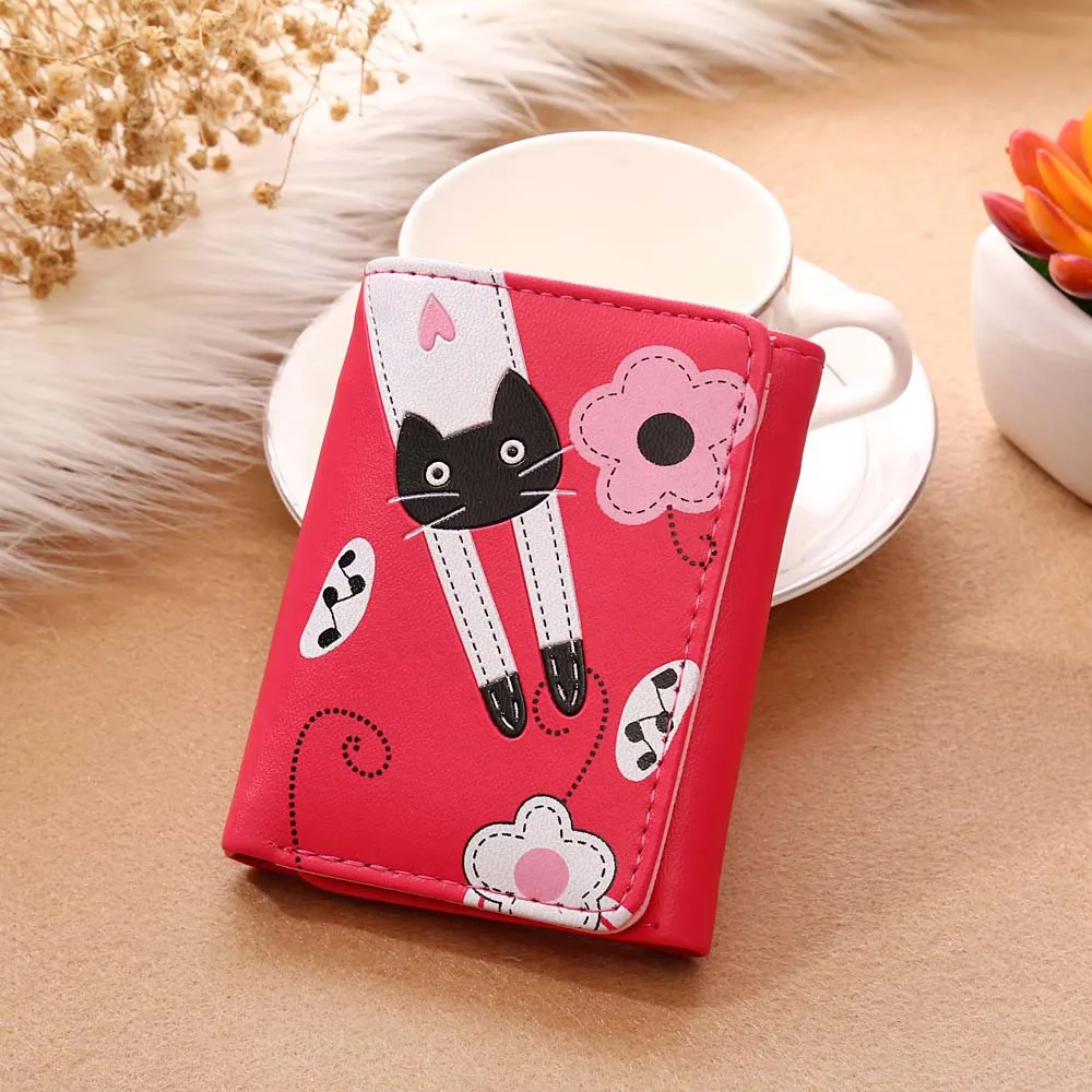 Милый женский кошелек с печатью котика и цветов, кошелек для студентов, деньги, застежка-кнопка, кошелек для монет, короткий владелец карт, девочки, складные кошельки.
