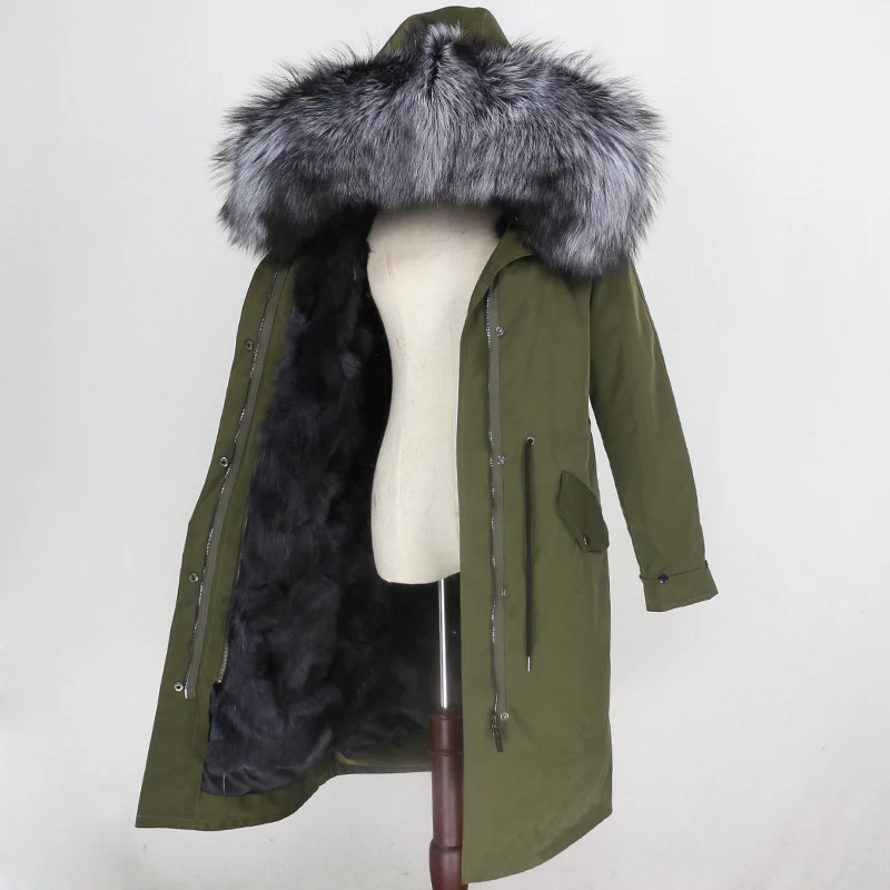green grey silver OFTBUY X-long водонепроницаемая верхняя одежда, парка из натурального меха, пальто из натурального Лисьего меха, зимняя куртка для женщин, капюшон из меха енота, теплая Съемная Новинка - Цвет: green grey silver