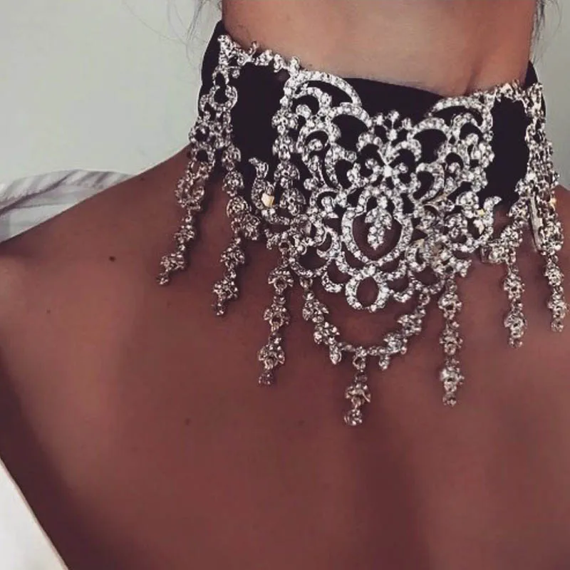 Gold Silver Rhinestone Tassels Chokers Necklace Romantic Women Maxi Statement Necklace With Velvet Fashion Jewelry Gift For Lady