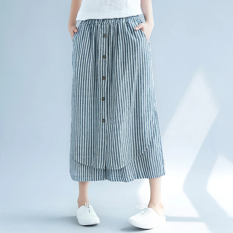 ilstile 2018 Women's Striped Cotton Linen Wide Leg Pants Vintage Summer Casual Loose Calf-Length Elastic Waist Trousers | Женская