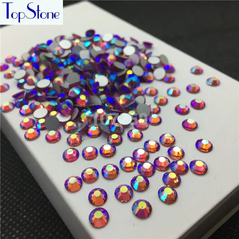 Круглые стразы для дизайна ногтей TopStone розовые AB цветные с круглыми стеклянными