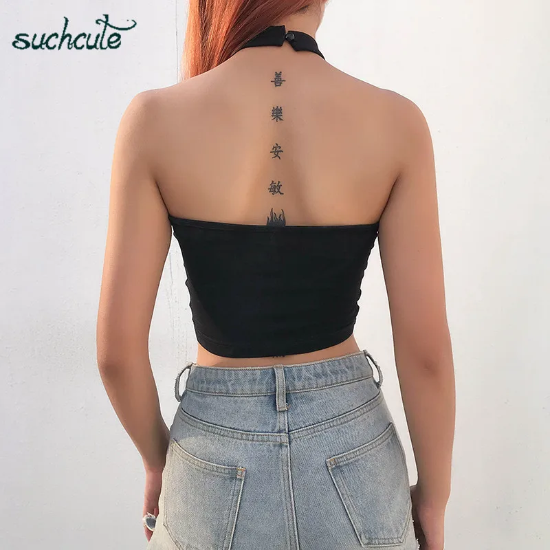 Мини футболка для женщин Холтер металлические черные женские Топы Modis Лето 2019