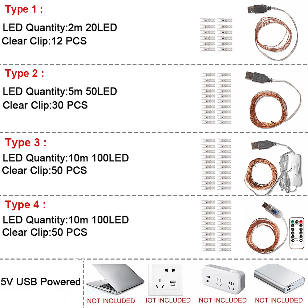 Фото клип USB светодиодный струнный светильник медный провод 10 м светодиодный Сказочный свет Рождественская гирлянда наружное/внутреннее украшение для дома Свадебная вечеринка