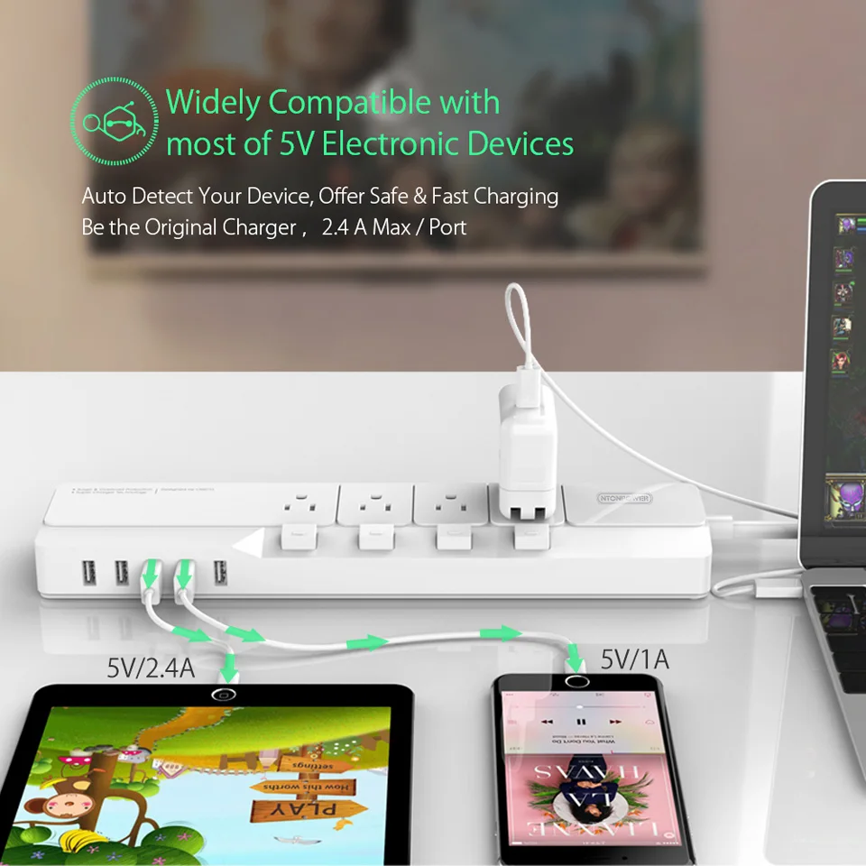 NTON power NSJ US Plug power Strip с USB зарядным устройством, защита от перенапряжения, 4 розетки переменного тока, индивидуальный выключатель, управляемый 5 usb-зарядными портами