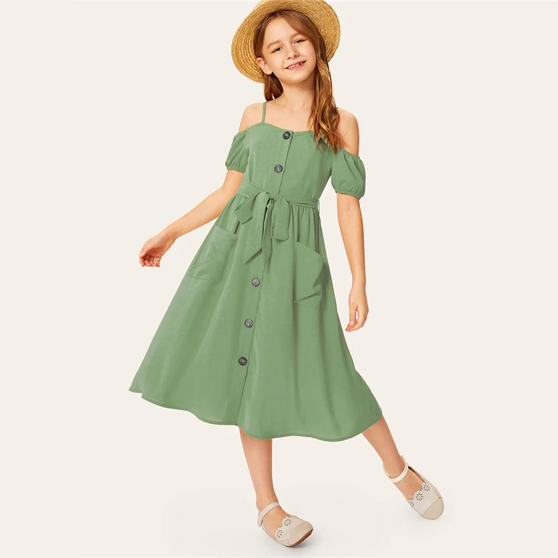 SHEIN/детское однотонное платье для девочек с открытыми плечами и одной пуговицей спереди, с поясом, платье в стиле бохо,, летние платья миди с короткими рукавами для отдыха