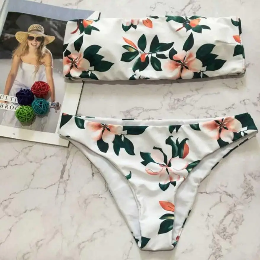 KLV Women New Floral Off The Shoulder Bikini Set Sexy Low Waisted Brazilian Swimsuit Bathing Suit Swimwear #a25 | Женская одежда