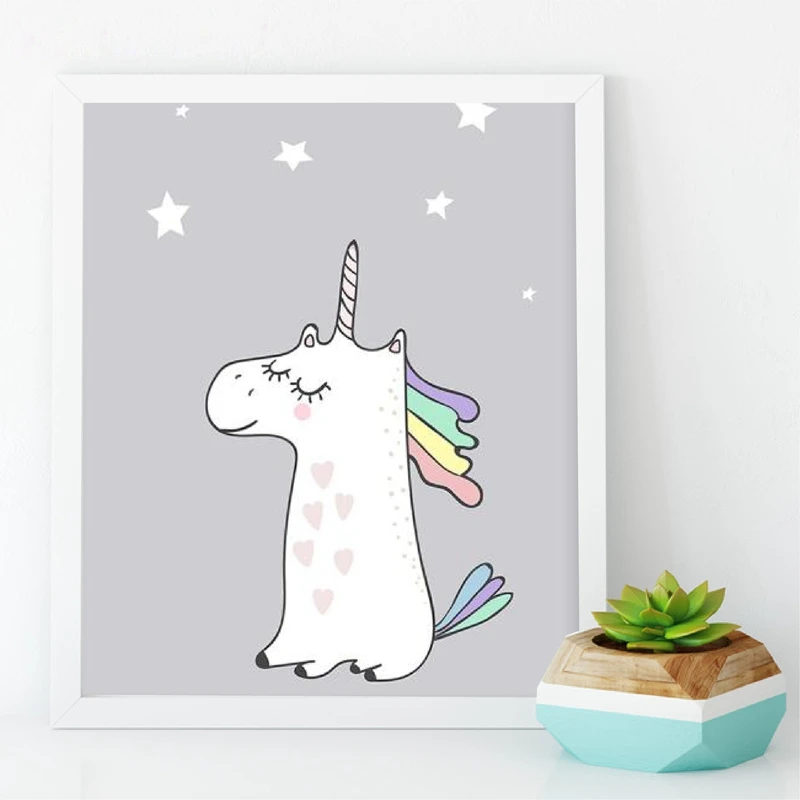 Единорог Холст плакат для девочек Детская Wall Art печати северных мультфильм