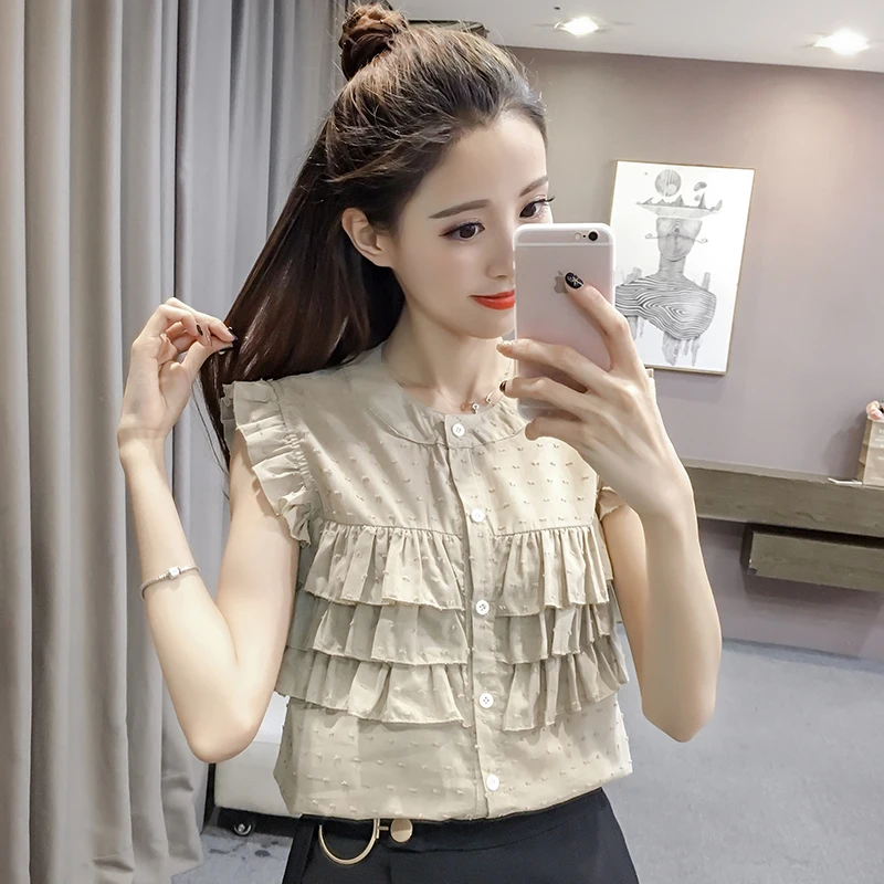 Летняя блузка без рукавов с оборками и воротником-стойкой Маленькая прозрачная