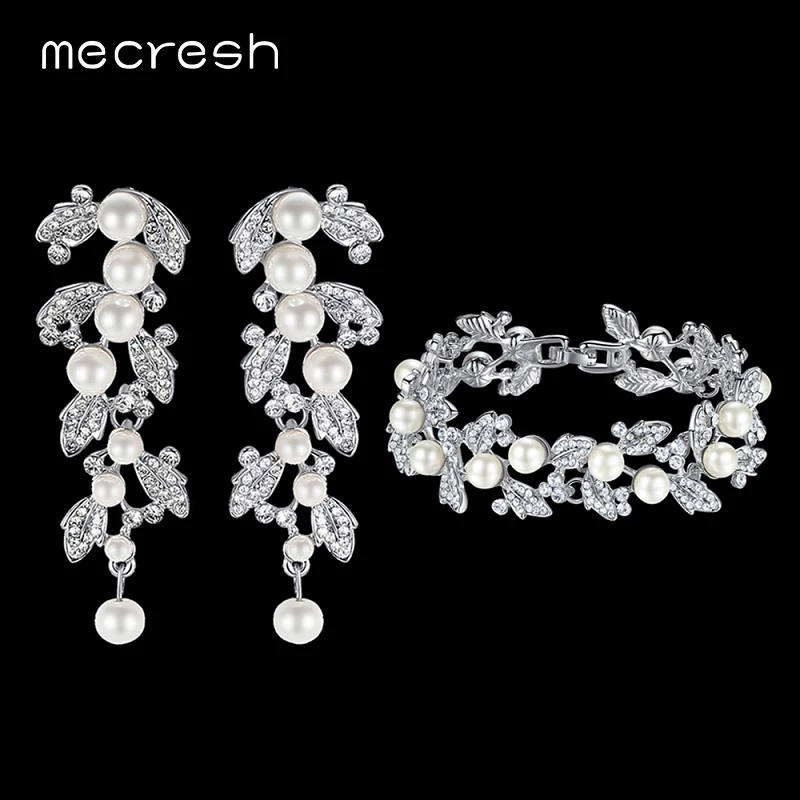Mecresh Свадебные Ювелирные наборы с искусственным жемчугом листья кристалл