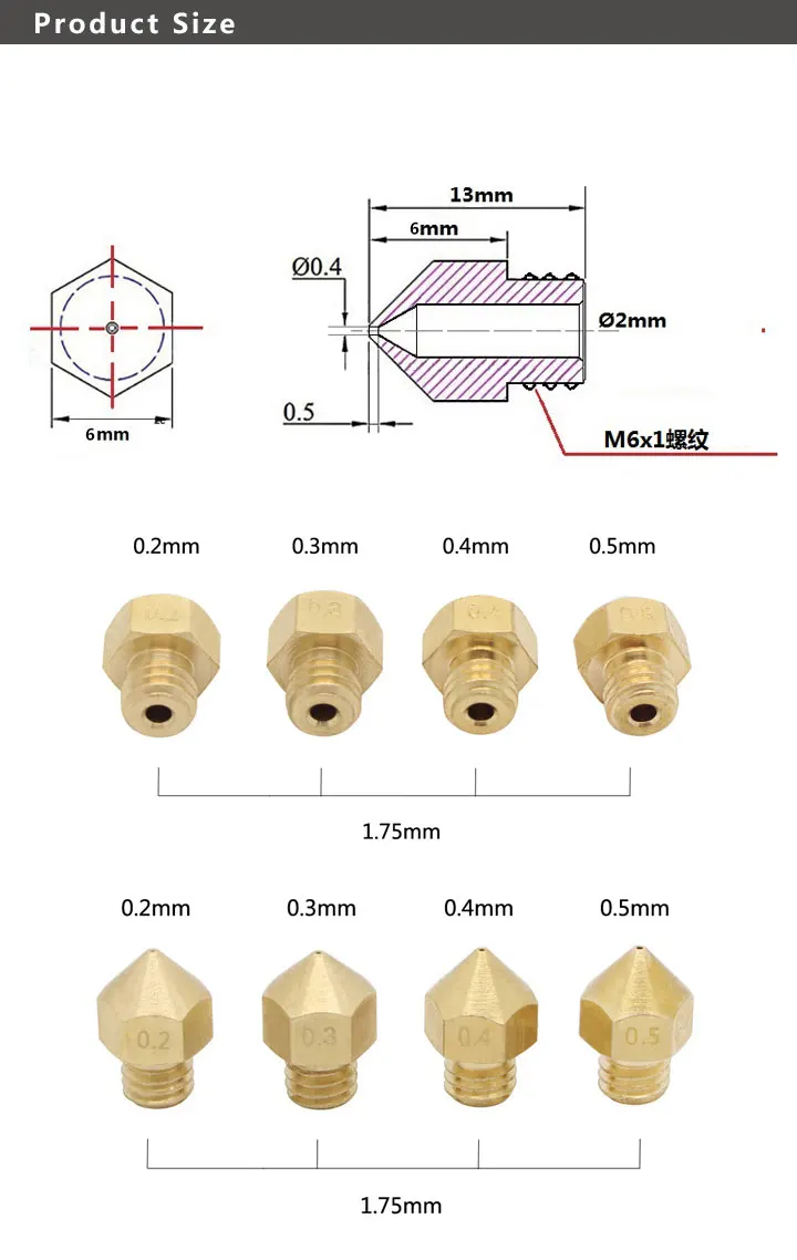 2 шт./лот латунная насадка 0,2/0,3/0,4/0,5/0,8/1,00/1,2 мм Экструдер сопла печатающей головки 3D-принтеры для 1,75 мм 3D-принтеры часть