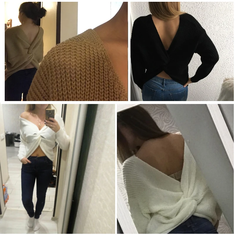 V Neck Sweaters Spring Autumn Women Sexy Backless Reversible Long Sleeve Cross Tie Knot Knitted Pullovers Jumpers | Женская одежда