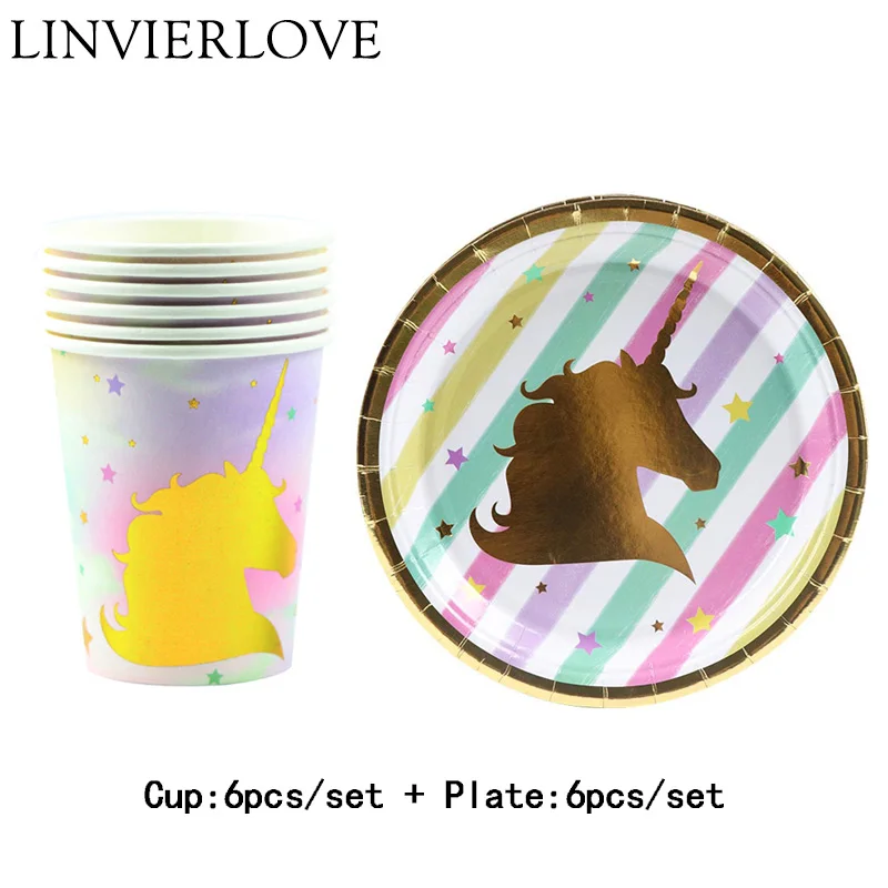 12 шт. золотые бумажные чашки с единорогом + тарелки свадебные украшения на день