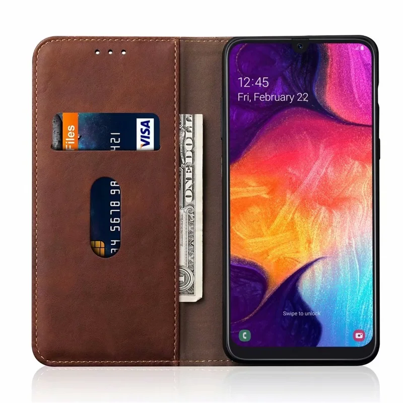 Роскошный кожаный чехол для Samsung A50 с подставкой и карточкой в стиле ретро
