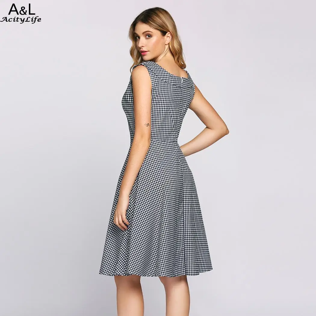 Без рукавов Винтаж СТИЛИ шею платье в клетку|Женские платья| |