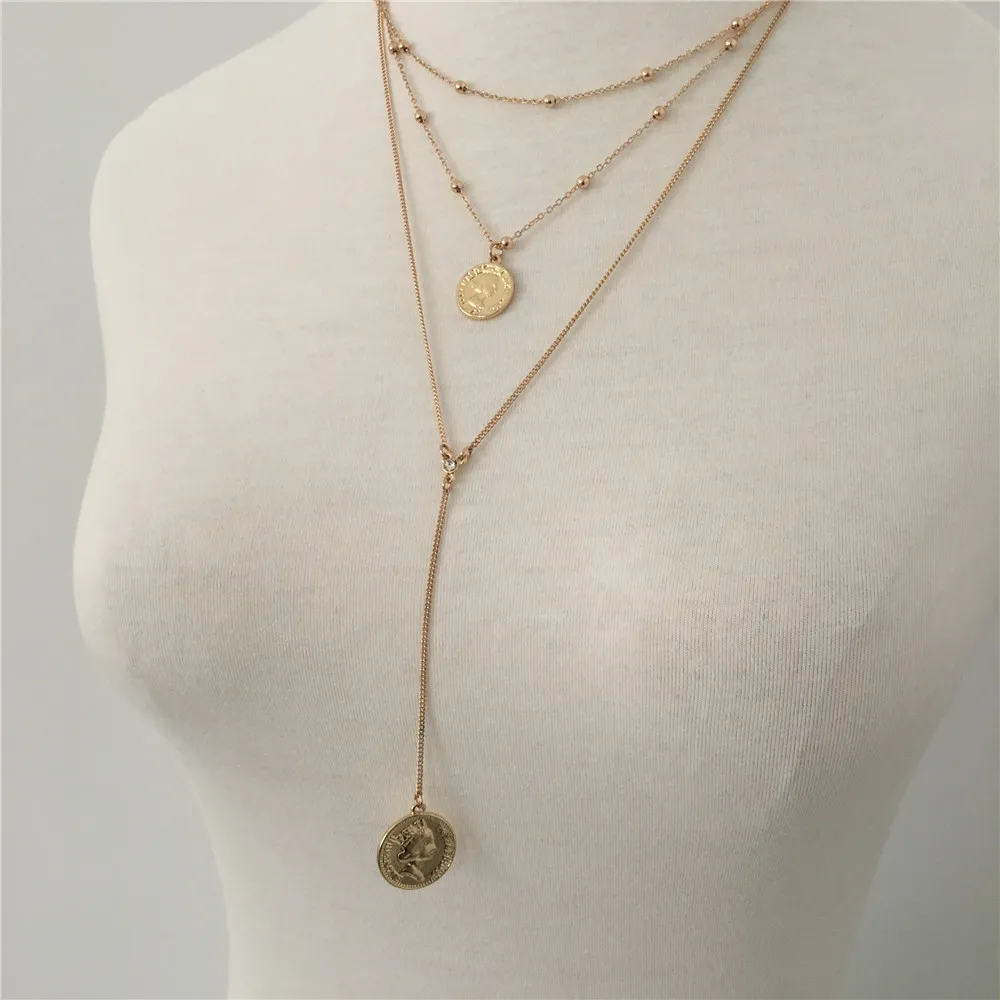 Модное многослойное ожерелье золотого цвета с двумя монетами и Y-образным