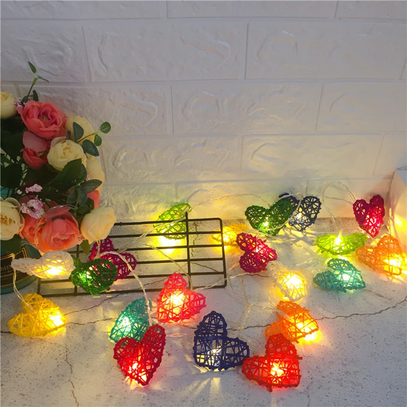 10 Led Rattan Love Heart Fairy String Decorative Lights Battery Operated Christmas Outdoor Patio Garland Wedding Decoration | Лампы и
