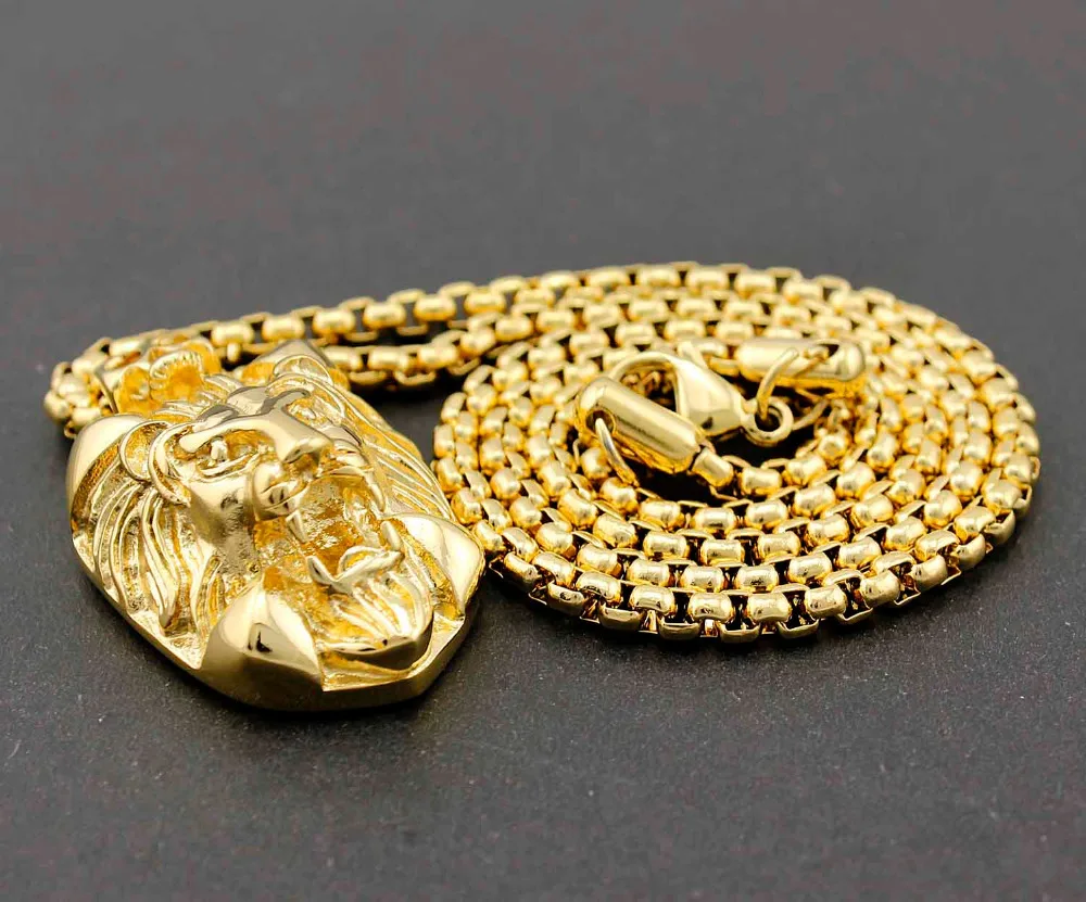 Байкерская Золотая нержавеющая сталь голова льва Мужская Подвеска Ожерелье |