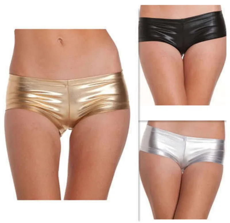 2017 Women Fashion Sexy Black Golden Silver Nightclub Short PU Patent Leather Flat Panty Thong Panties |