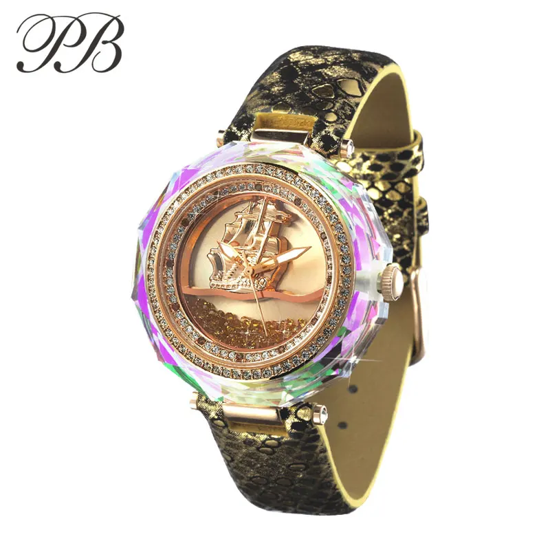 HL574PA PB Princess Butterfly clock Бренд Зыбучие Пески и Парусный Циферблат часы женские наручные Кристалл Роскошный Цвет Радуги Кварц Кожа - Цвет: HL574PA