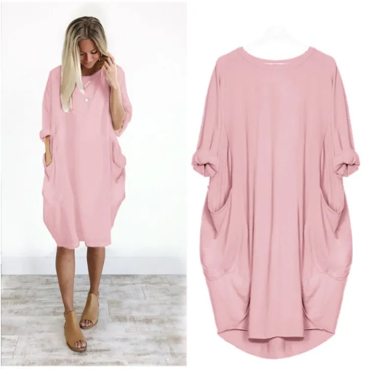 Pink Модная женская футболка с длинным рукавом, большая футболка с карманами размера плюс, женские топы, свободные тянущиеся футболки - Цвет: Pink