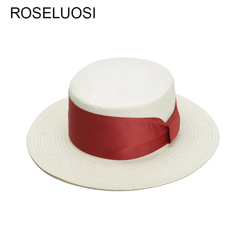 ROSELUOSI Для женщин белая летняя шляпа с красной лентой лук узел 2018 Новая мода Flat Top
