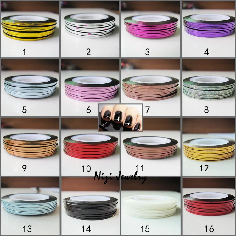 

Free shipping wholesale 16 different colors width 1mm length 20m 100pcs strip tape line nail art decoration Sticker