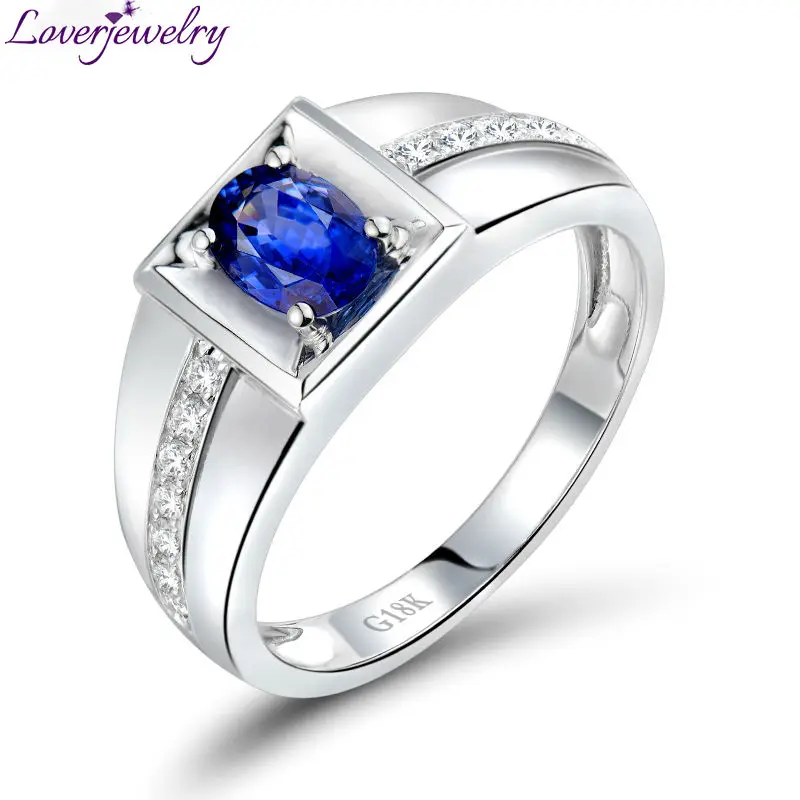 Loverjewelry Solid 18Kt из белого золота природные алмазы, синий сапфир для мужчин овальное кольцо 4x6 мм драгоценный камень для мужчин WU292