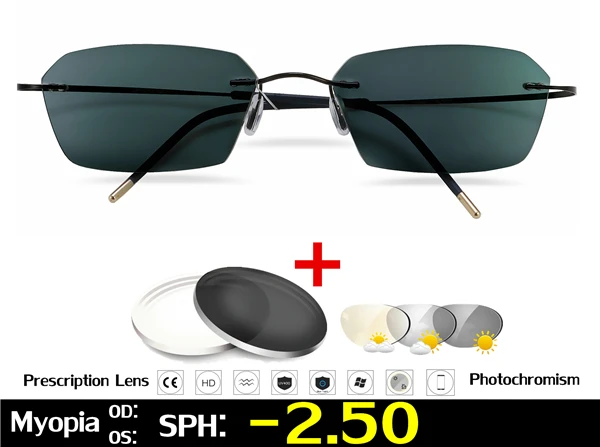 Black Myopia -2.50 Без оправы Титан очки, оправа, фотохромные очки для близорукости Для мужчин Для женщин Хамелеон очки с диоптриями-1,0 1,5 2,0 2,5 3,0 - Цвет оправы: Black Myopia -2.50